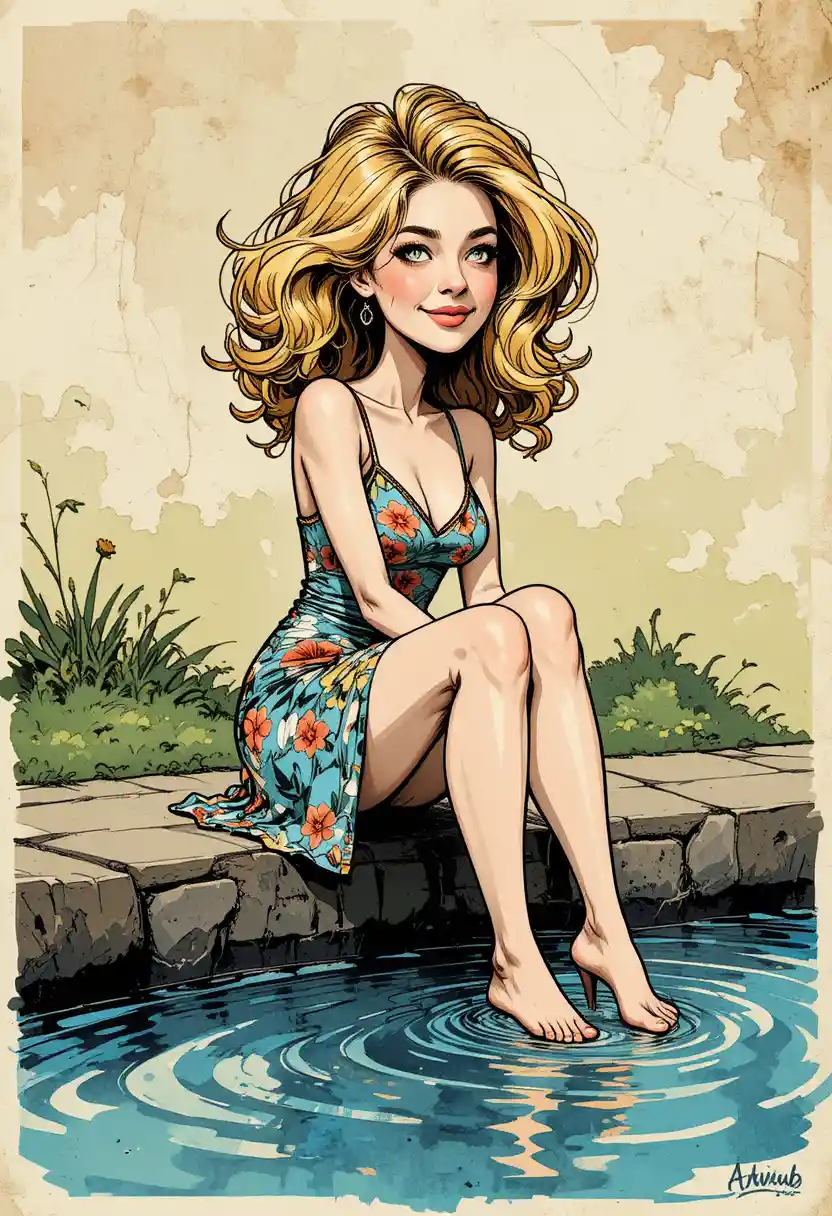 Caricatura di donna sul bordo di uno stagno con le dita dei piedi nell’acqua increspata