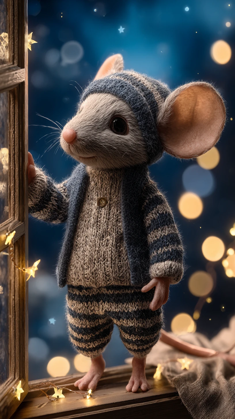 Cute bedtime mouse on windowsill under starry night sky