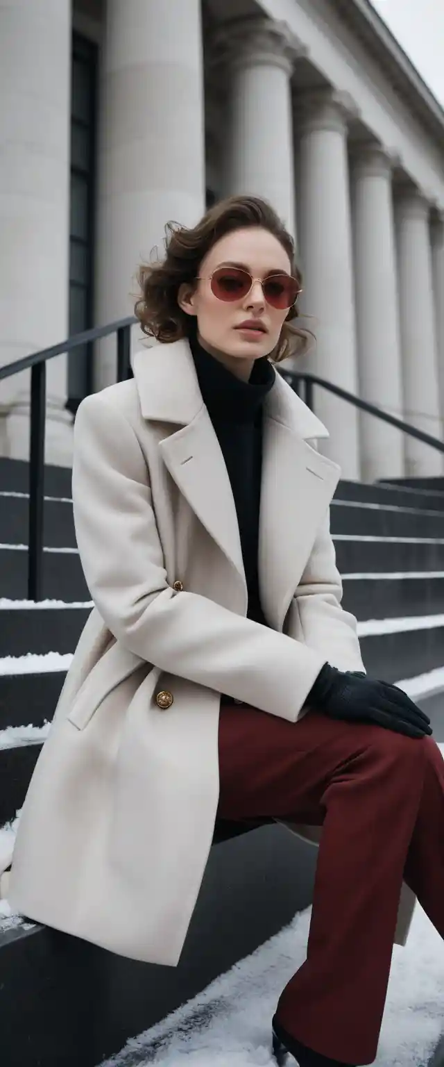 Elegant woman in red trousers on modern winter steps