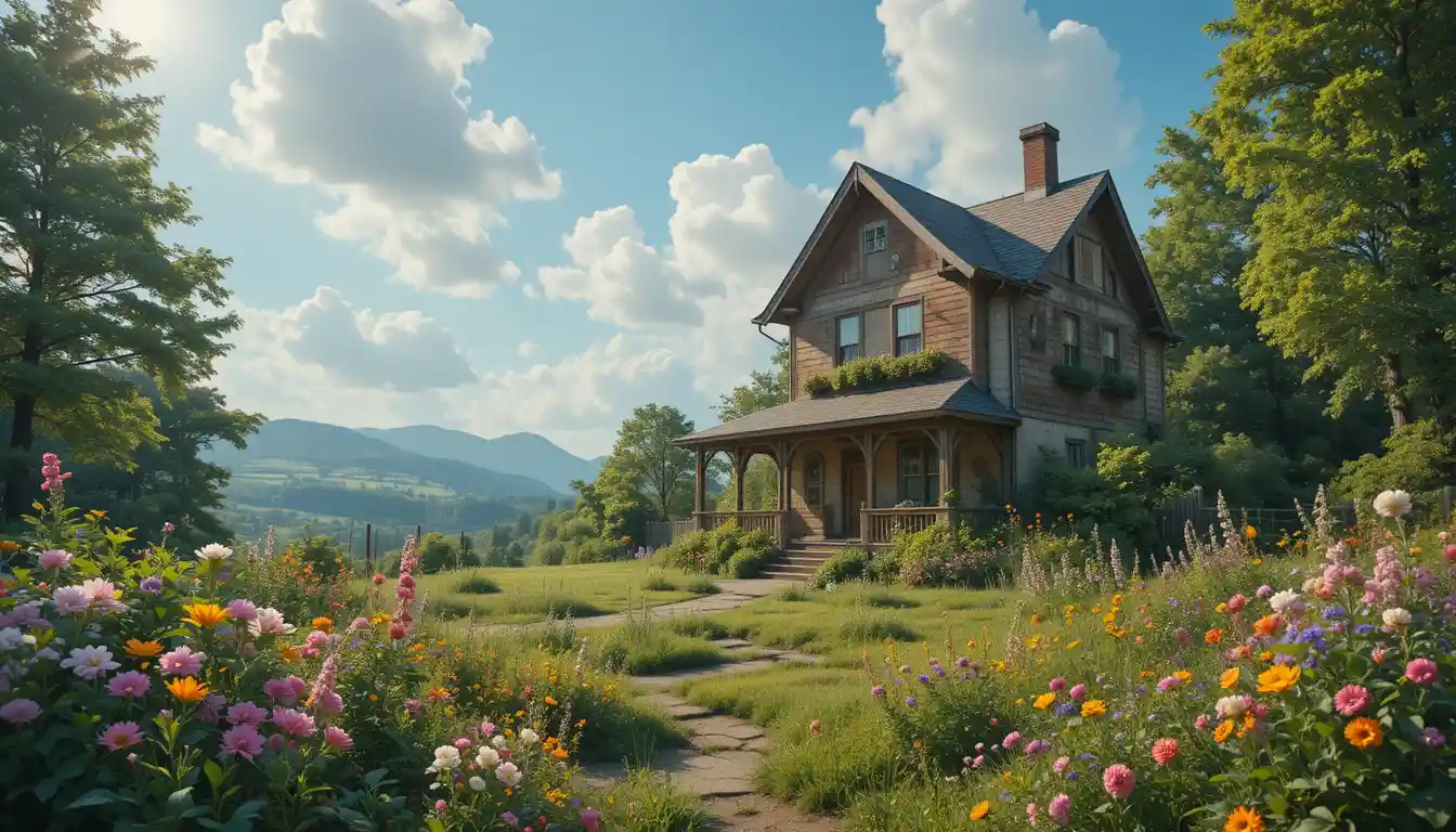 Maison de campagne vieillie dans un jardin luxuriant de fleurs sauvages baigné de soleil