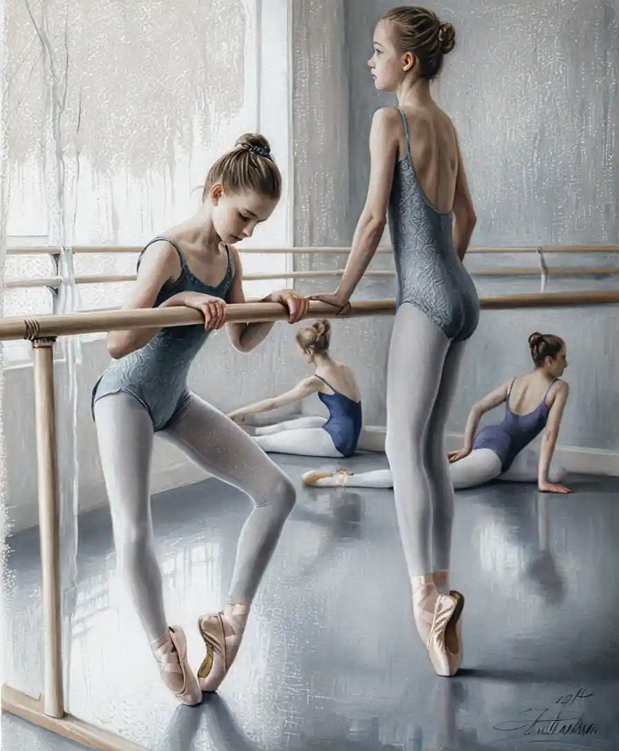Giovani ballerine che si esercitano alla sbarra in uno studio silenzioso
