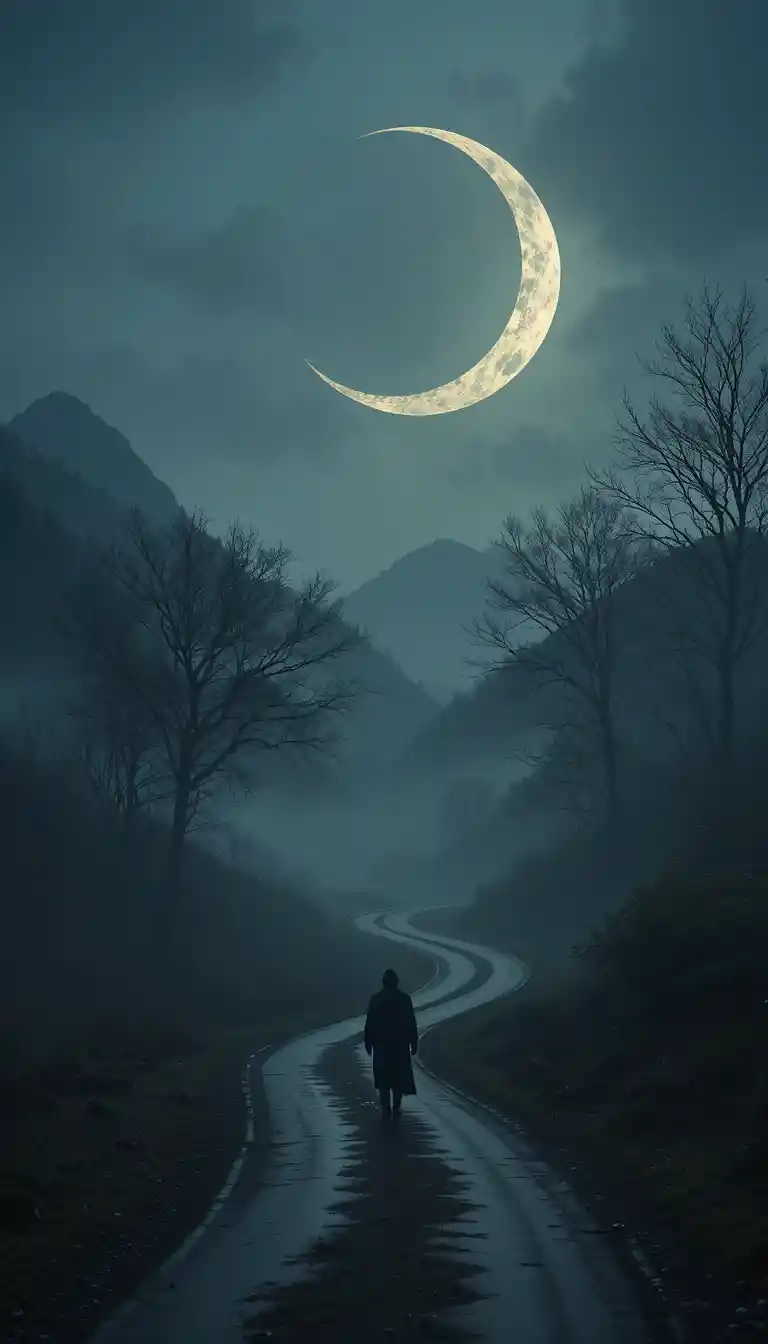 Figura solitaria che cammina su una strada illuminata dalla luna al crepuscolo