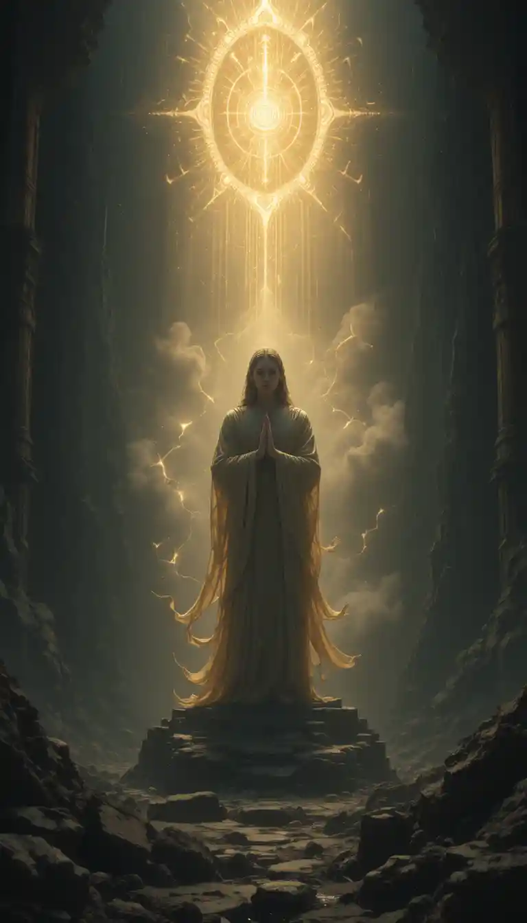 Cinematic spiritual illustration with divine golden light and shadows