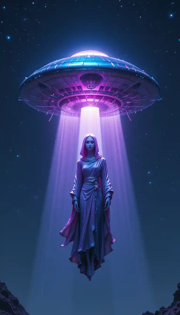 星空夜裡自發光飛碟中現身的外星人