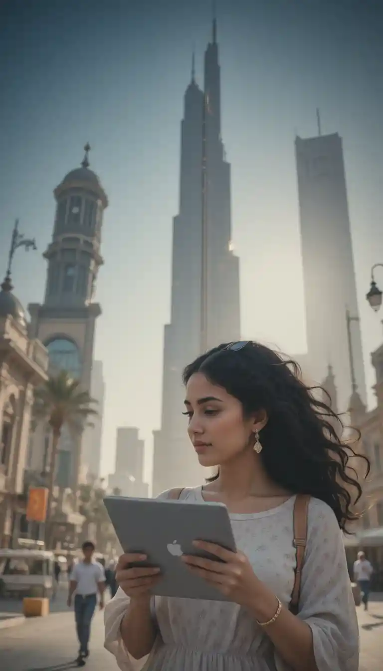 Iranian girl holding an iPhone tablet before a Dubai landmark