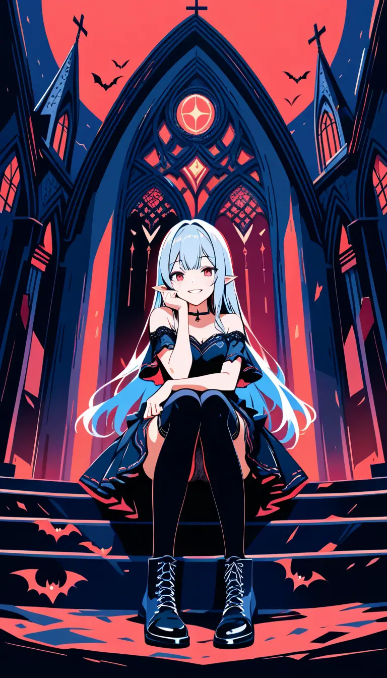 Ragazza vampira in stile anime seduta in una chiesa sotto una luna rossa