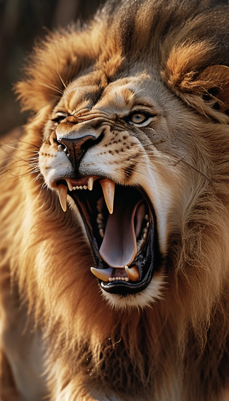 Roaring male lion walking in heavy rain front view