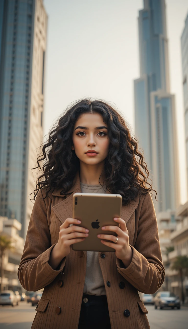 Iranian girl holding tablet before famous Dubai skyline