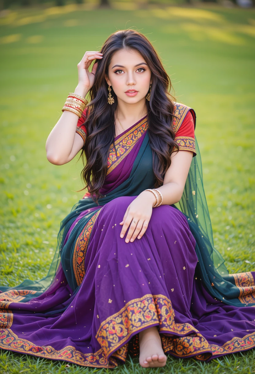Young woman in colorful saree sitting on green lawn