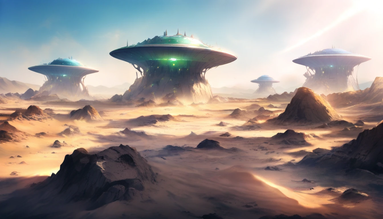 Deserto alienígena desolado com ruínas de nave espacial futurista destruída