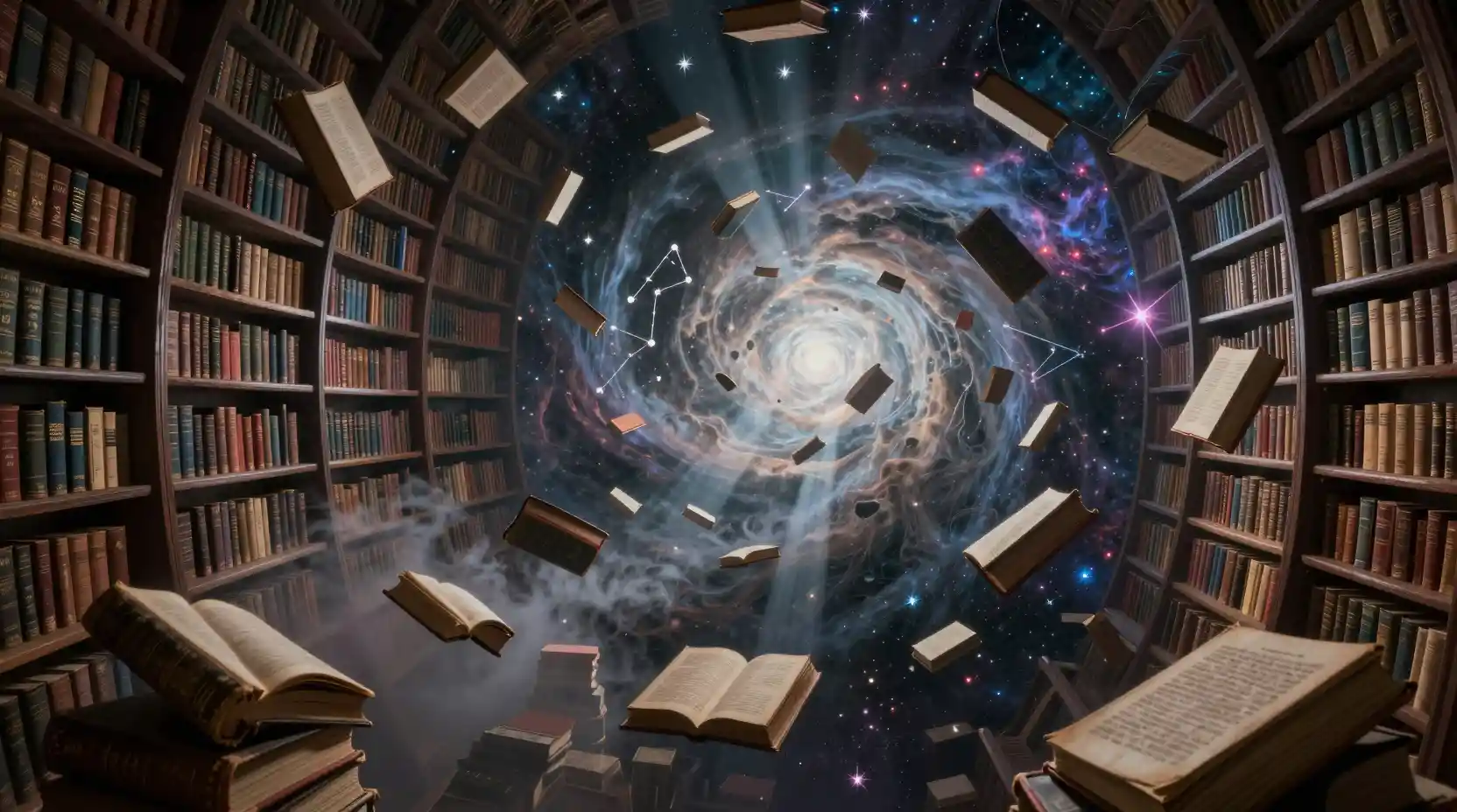 Antigua biblioteca cósmica flotando en un vacío infinito