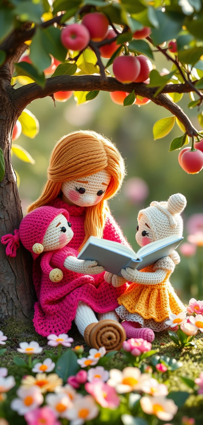 Nonna all’uncinetto che legge con i bambini sotto un albero