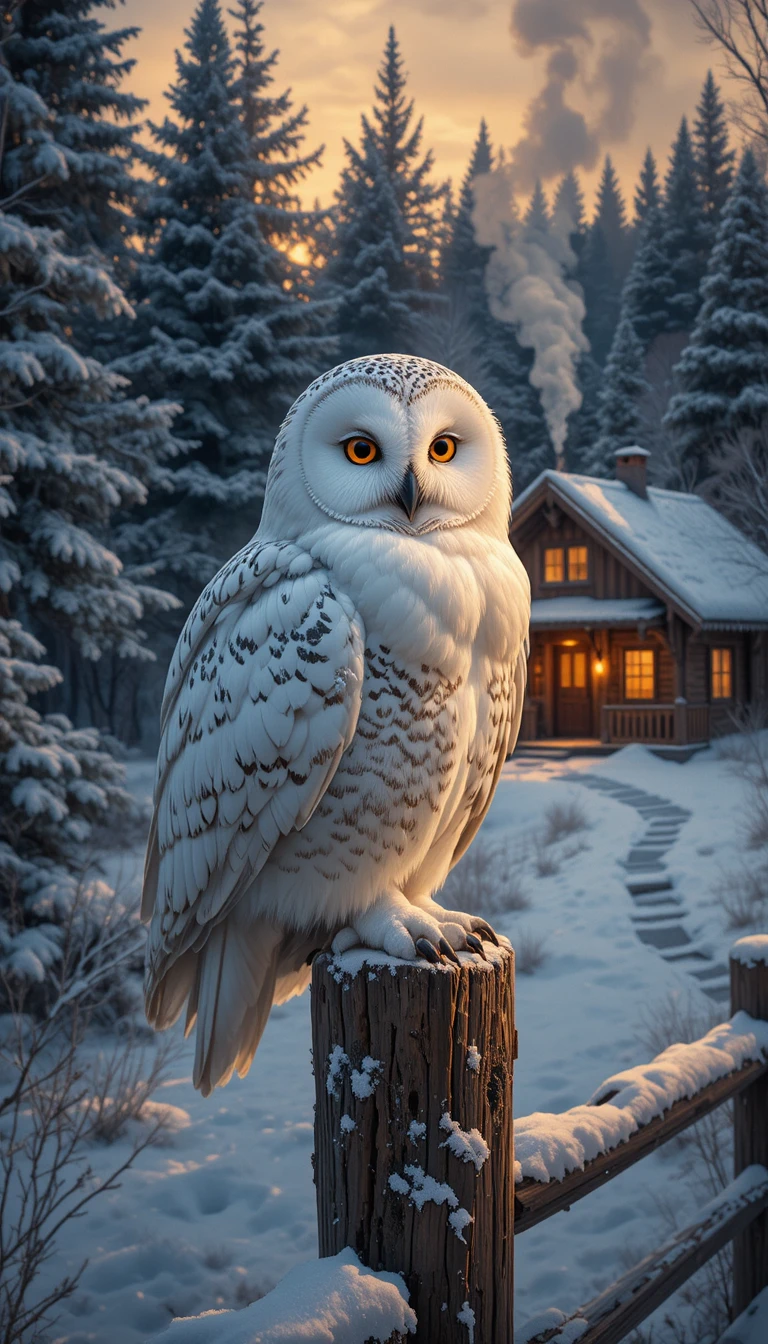 Schneeeule auf vereistem Zaun im ruhigen Winterlicht