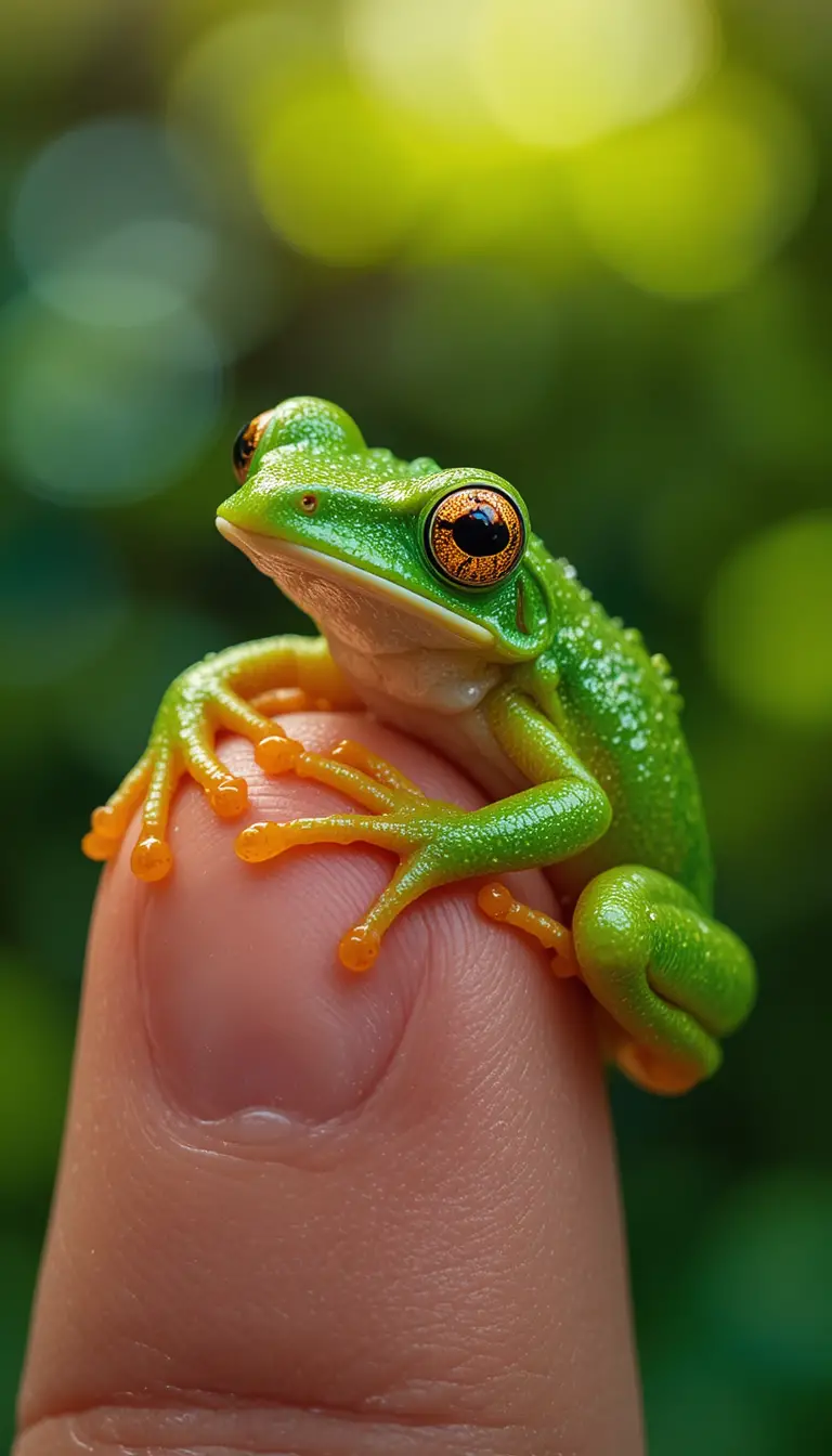 人の指にしがみつく小さな緑のアマガエル