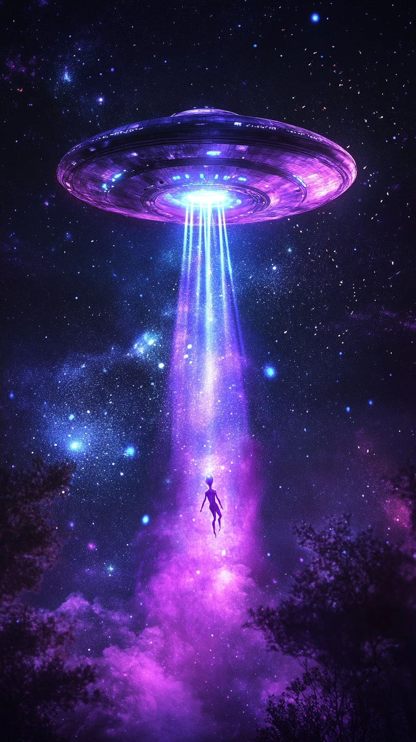 Alienígena emergiendo de un OVNI brillante en un cielo nocturno estrellado