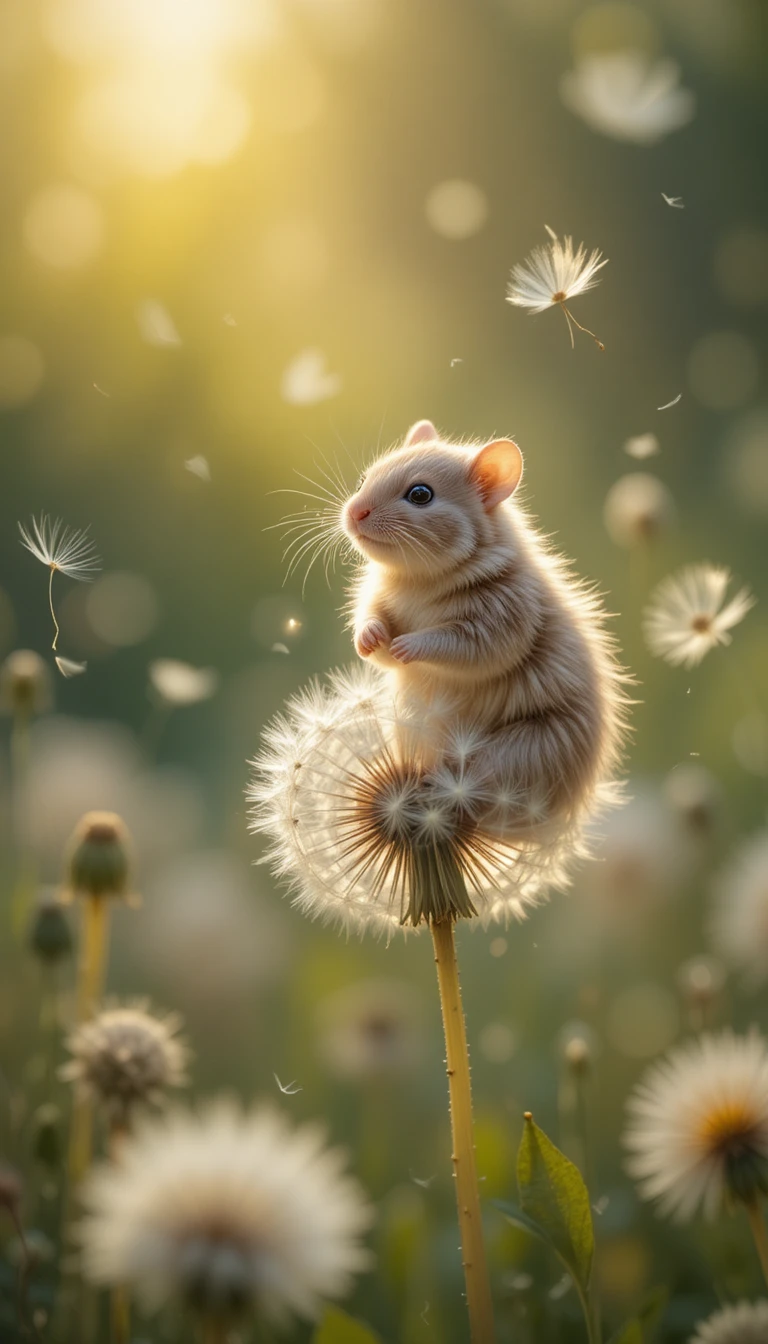 Minuscule hamster chevauchant un pissenlit flottant au-dessus d’un pré d’été