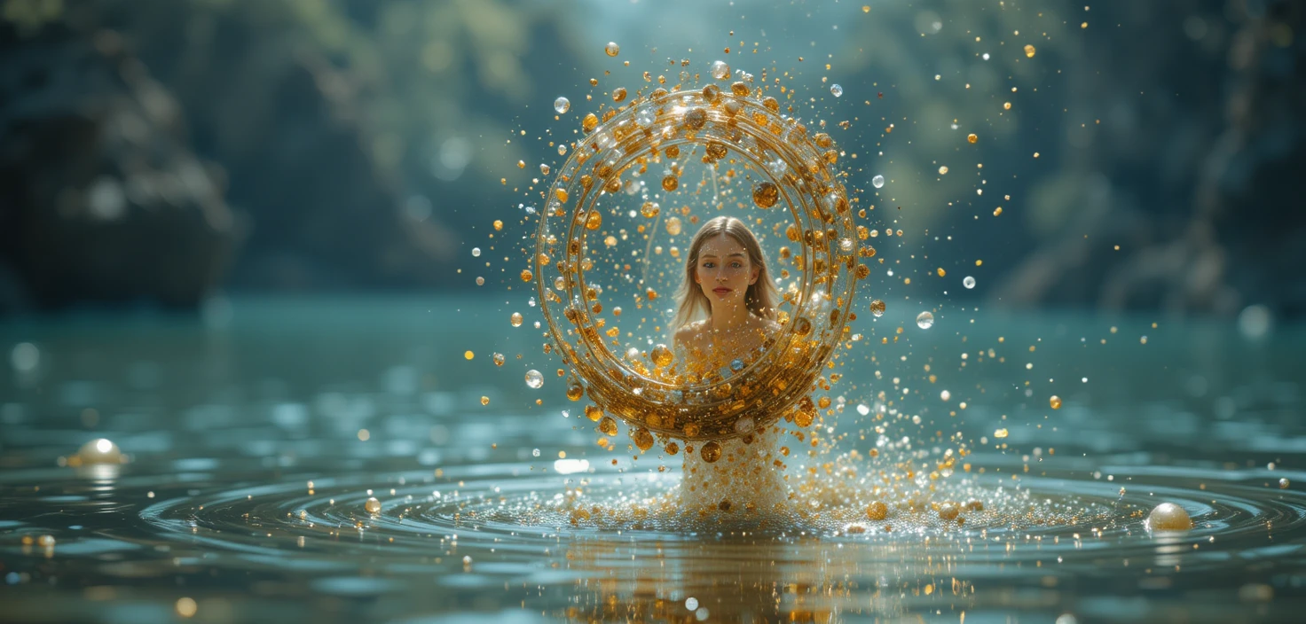 Aranha recolhendo bolhas douradas na superfície tranquila de um lago