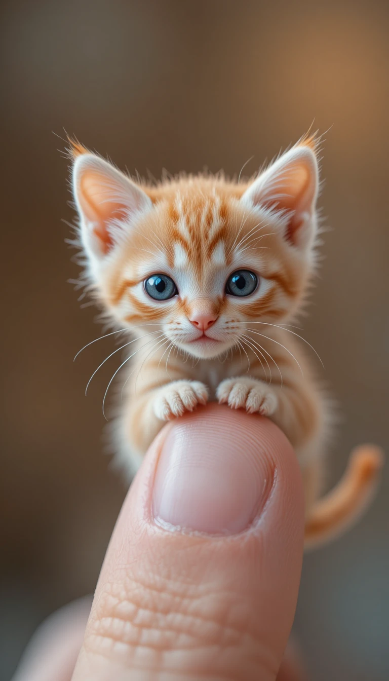 人間の親指の上で静かに休む小さなオレンジの子猫