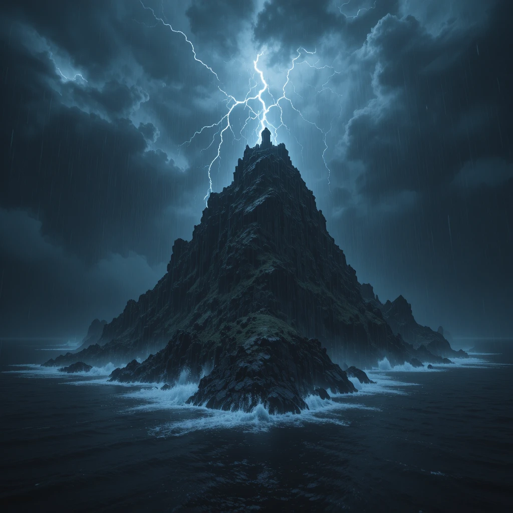 Vista aerea tempestosa di una oscura isola rocciosa in mare
