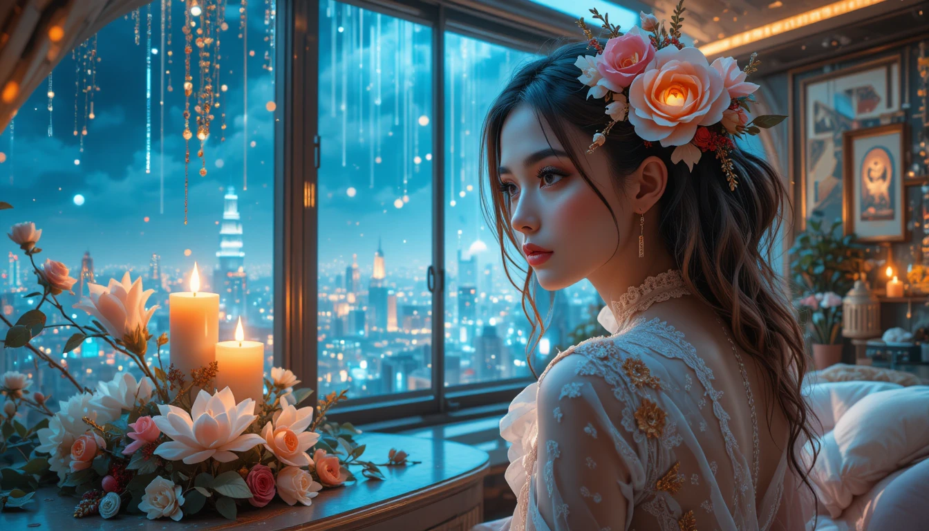 Gotische Frau mit leuchtenden Blumen und Vintage-Kerze