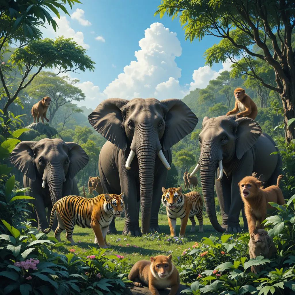 Wildtiere, die gemeinsam in einem leuchtend grünen Wald leben