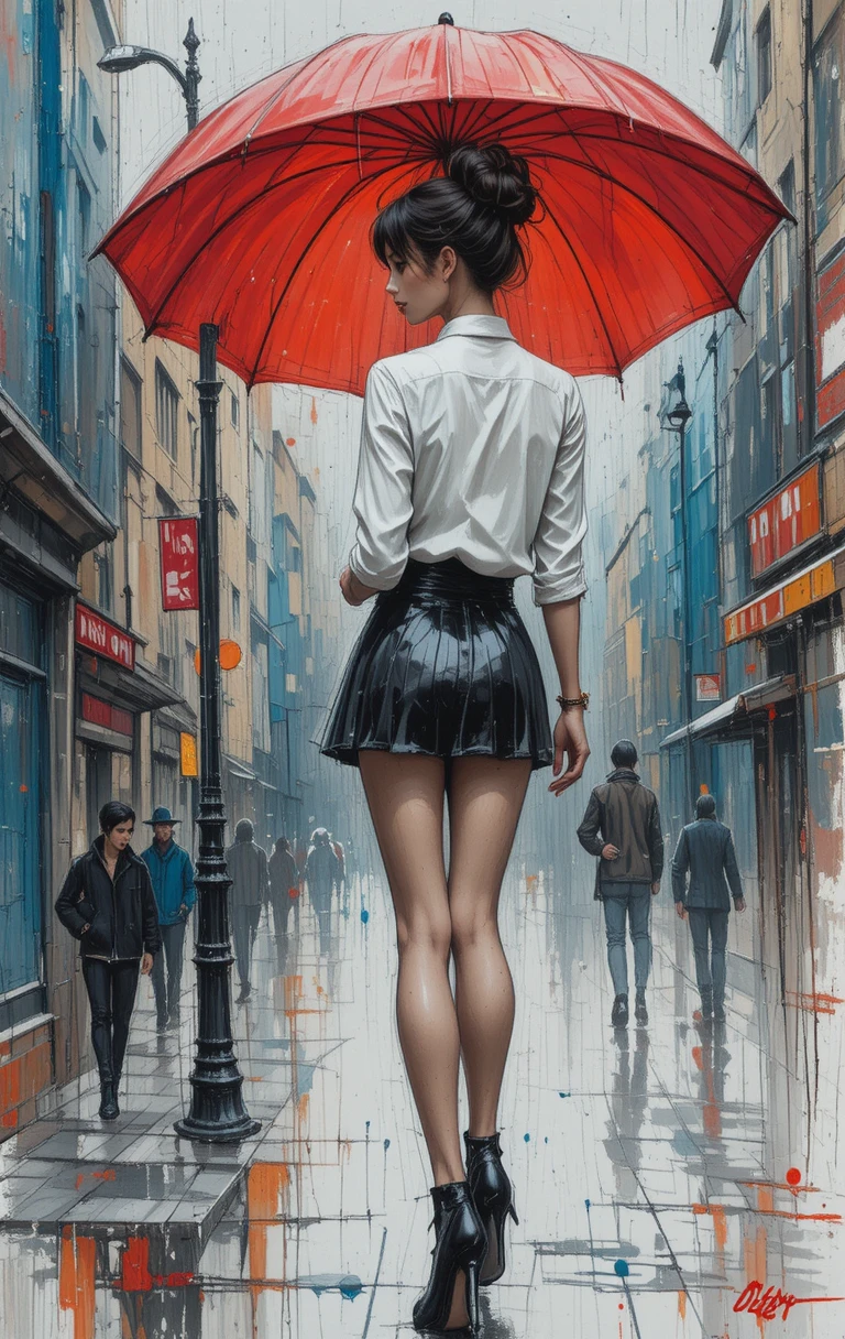 Mulher elegante com guarda-chuva vermelho em rua chuvosa da cidade