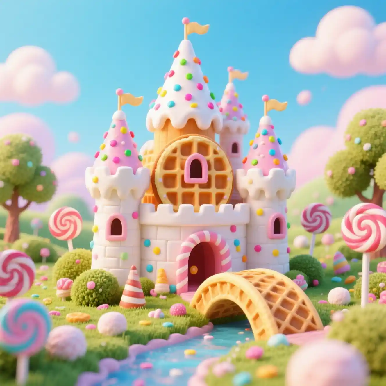 Fiabesco Castello di Waffle in un Rigoglioso Giardino di Caramelle Fantastico