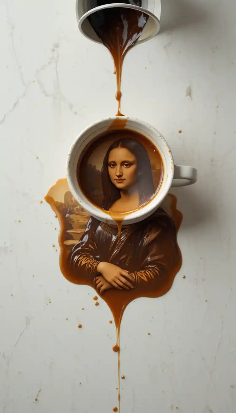 Caffè rovesciato che forma una donna sul piano del tavolo