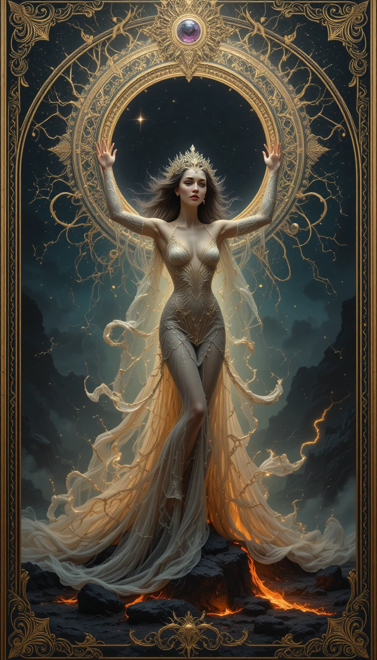 Elegant fantasy woman rising before a cosmic black hole