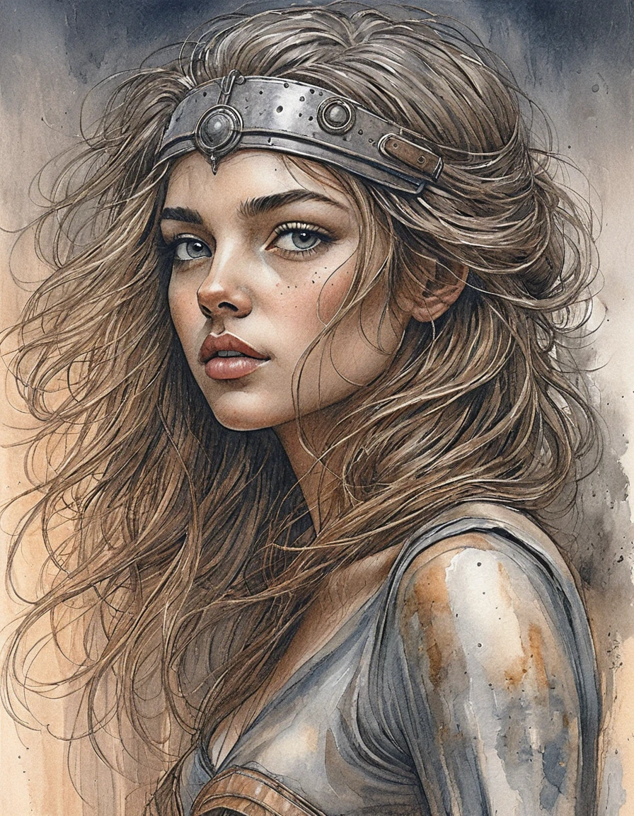 Warrior woman portrait with ash blonde hair in the wind