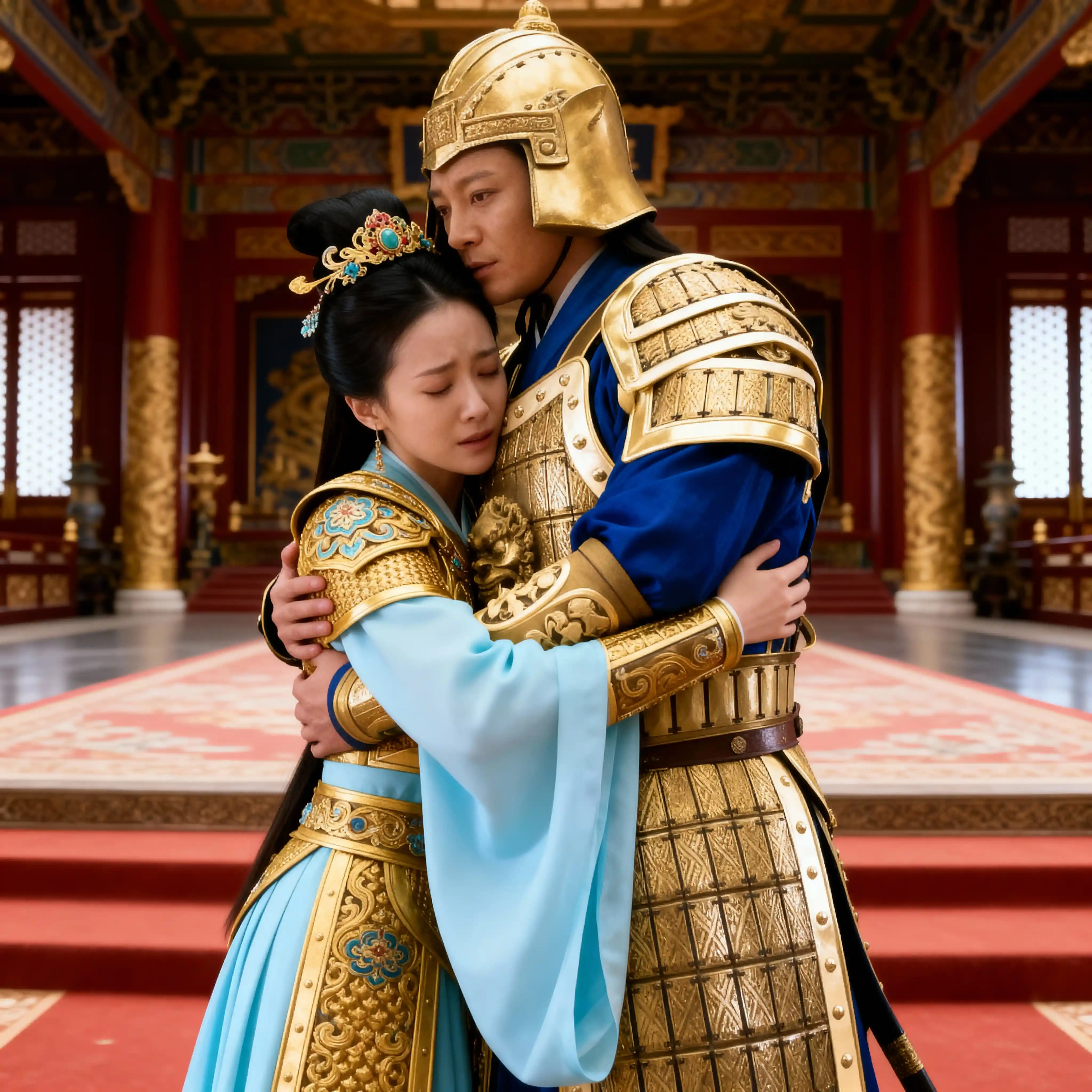 Chinese warrior couple in golden armor in palace embrace