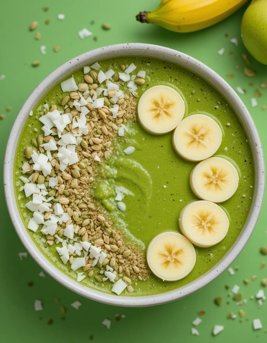 Matcha-Smoothie-Bowl mit Banane, Kokosnuss und Samen von oben