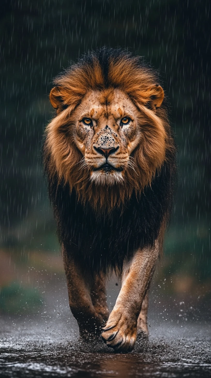 Leão macho rugindo caminhando para a frente sob chuva forte