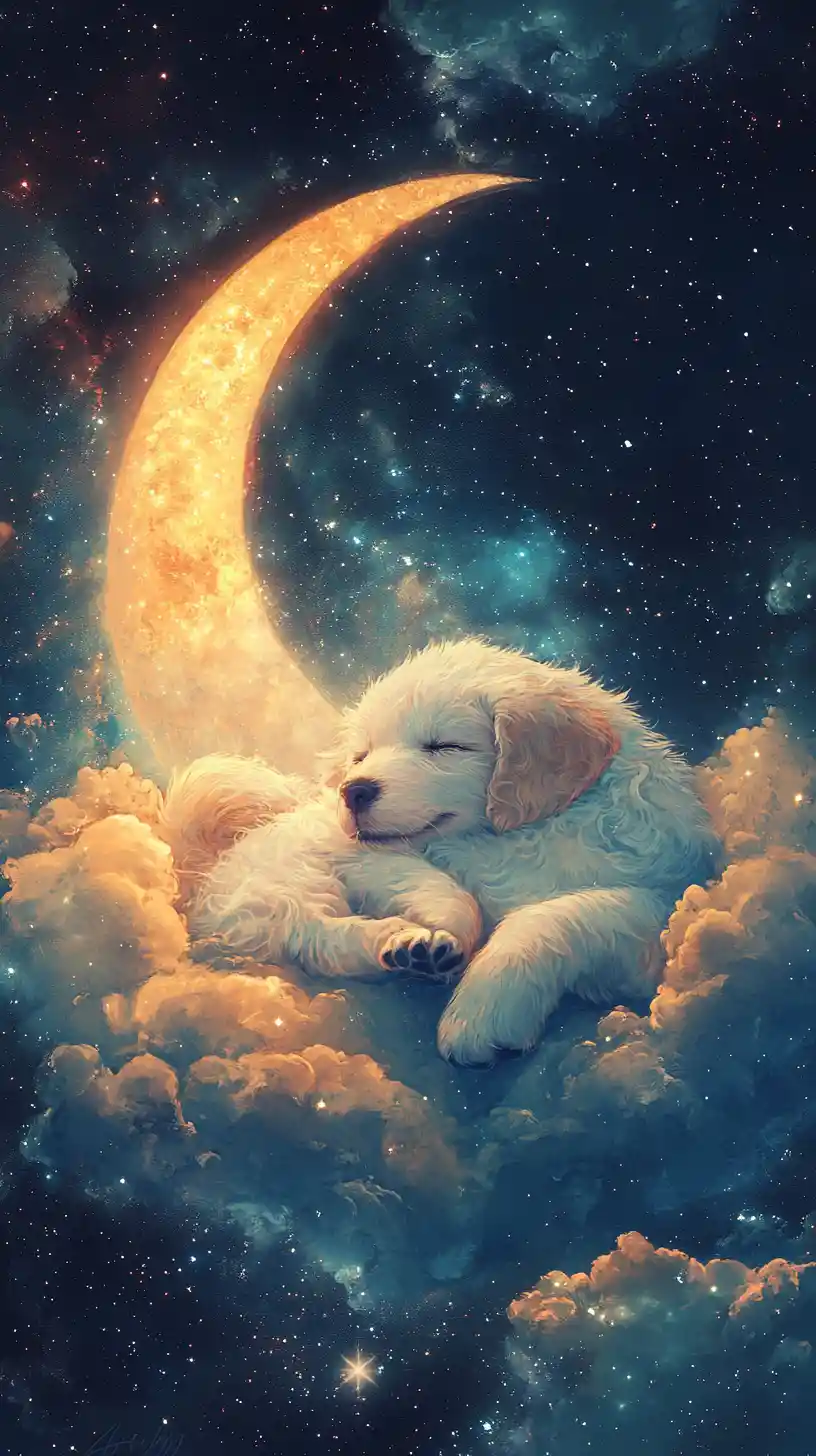 Sleeping starlight puppy curled against a crescent moon