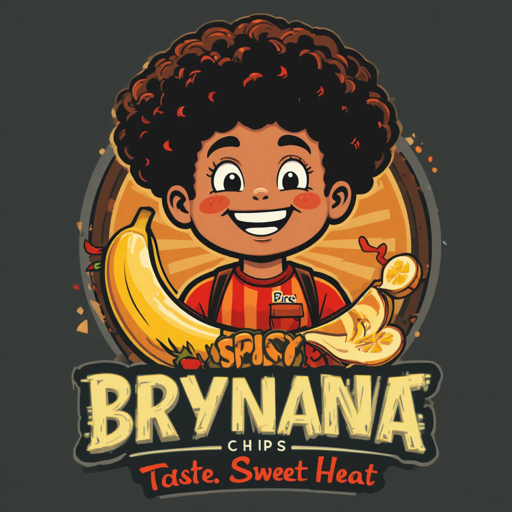 Spicy Brynana Chips Logo mit lächelndem lockigen Jungen