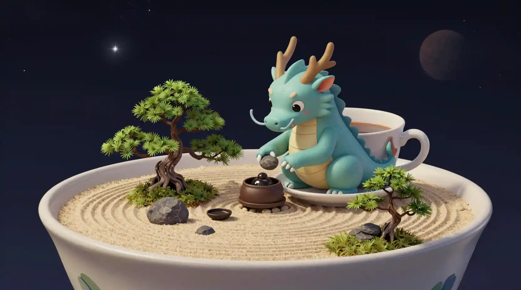 Tiny dragon tending a zen garden on a floating asteroid