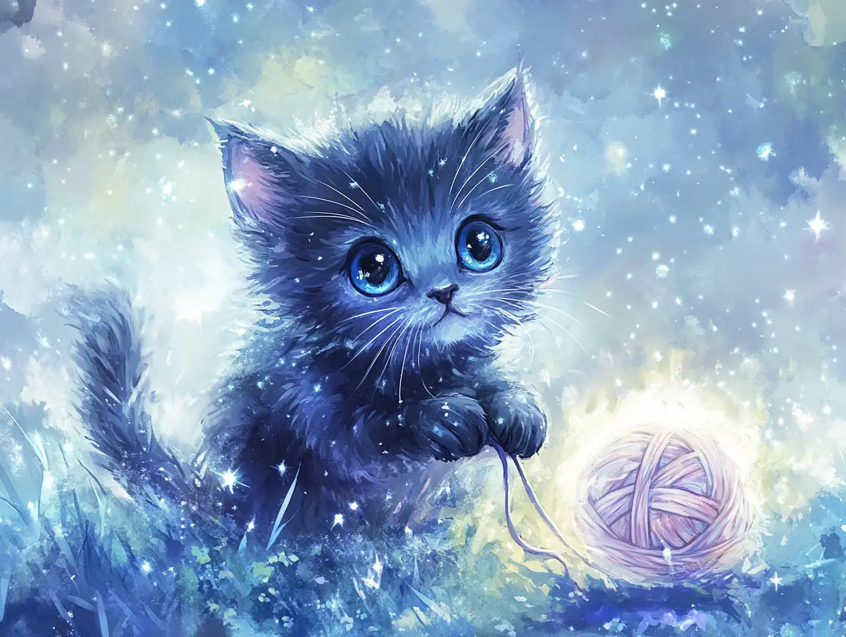 Tiny kitten chasing glowing yarn in magical meadow