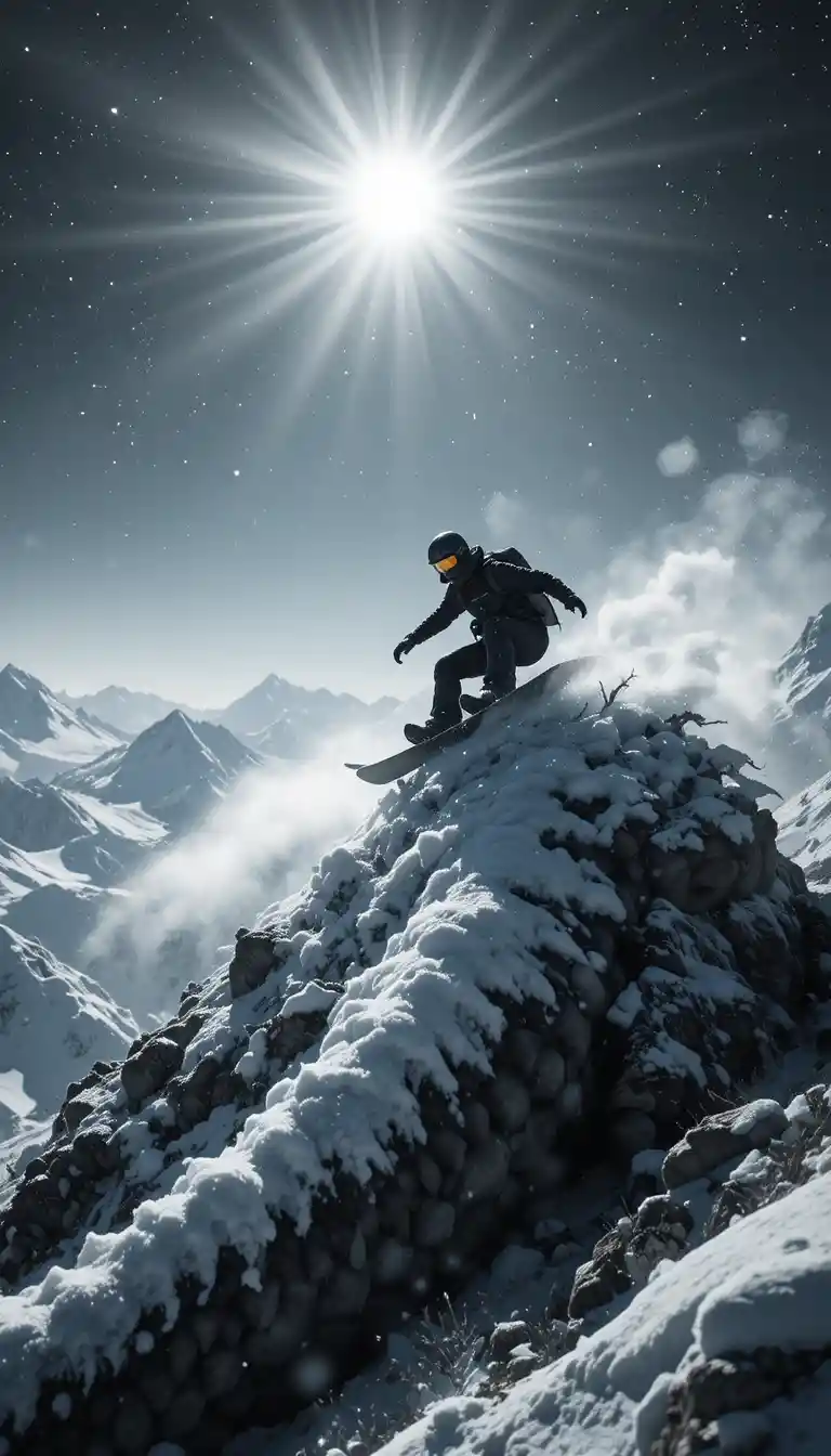Snowboarder riding over snow covered dragon on mountain peak