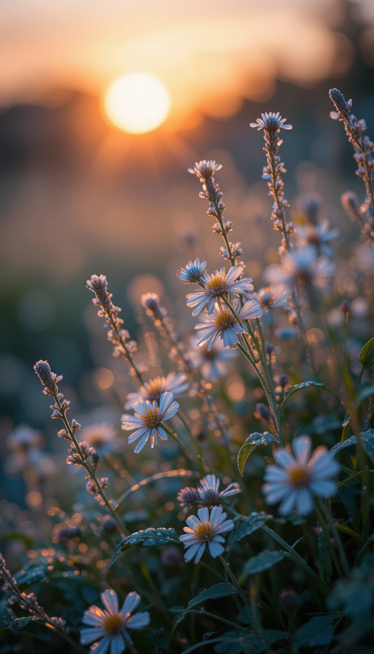 Dew covered wildflowers glowing softly in warm sunset light