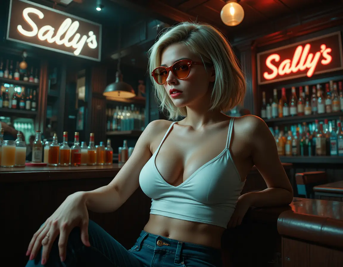 Mulher loira sensual de óculos posando com top cropped branco