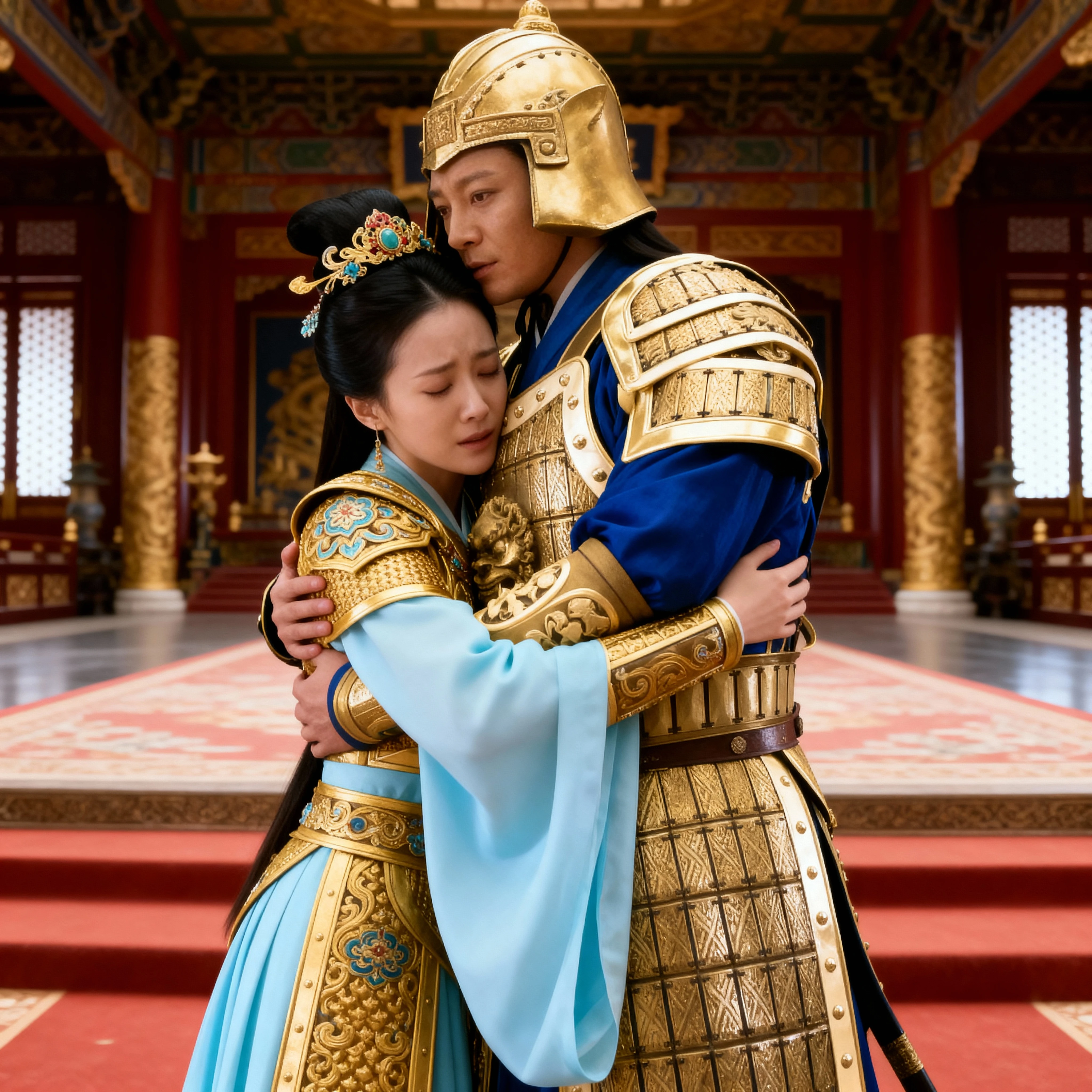 Chinese warrior couple in golden armor in palace embrace
