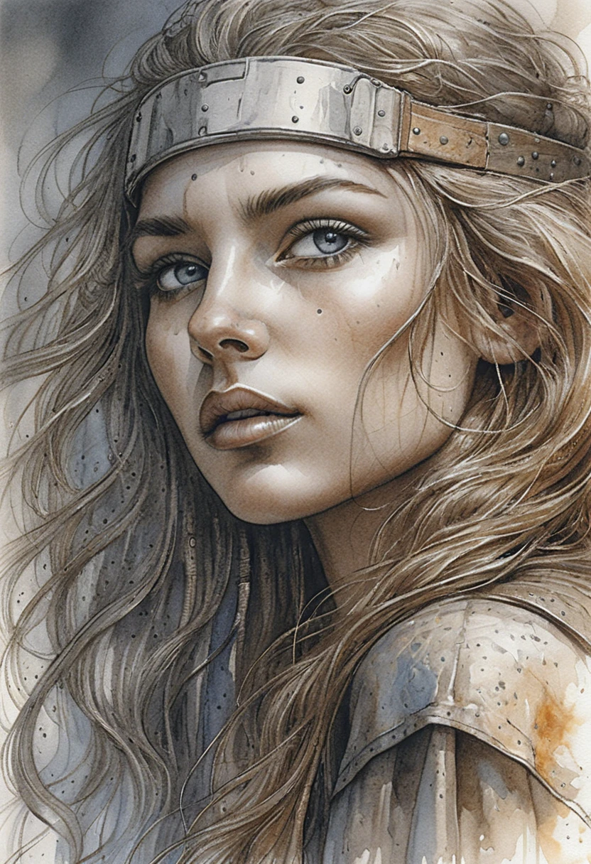 Warrior woman portrait with windswept hair and intense gaze