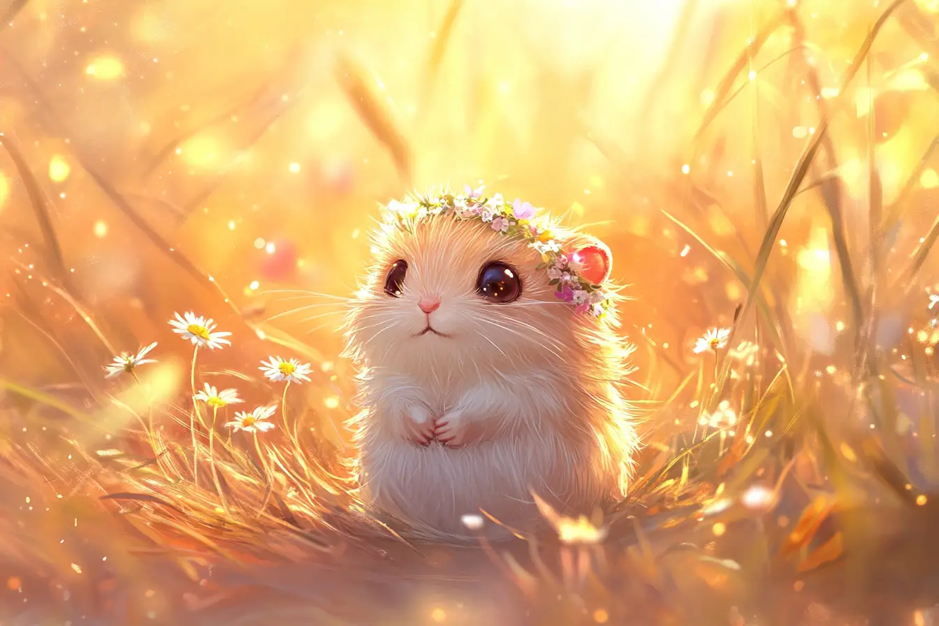 Adorable Gaufre de Poche Chibi avec Couronne de Fleurs au Coucher du Soleil