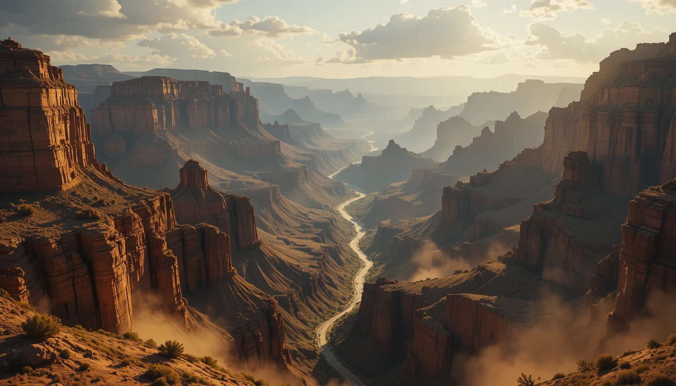 Paesaggio epico del canyon con ombre drammatiche e luce di contorno