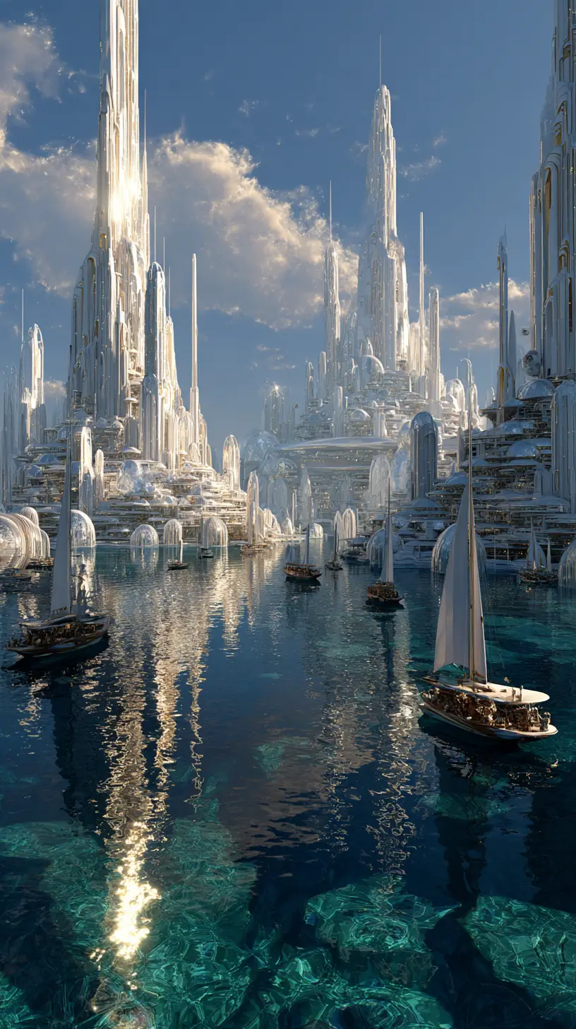 Antiga cidade de Atlântida com anéis oceânicos concêntricos e templos