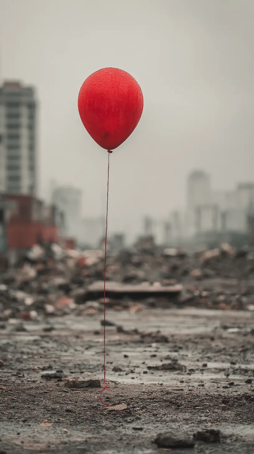 Ballon rouge flottant seul au-dessus de la ville en ruine