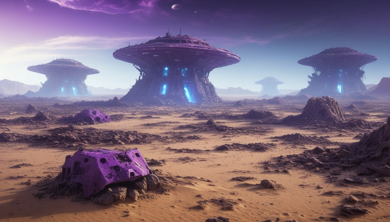 Deserto alienígena desolado com ruínas futuristas sob céu roxo