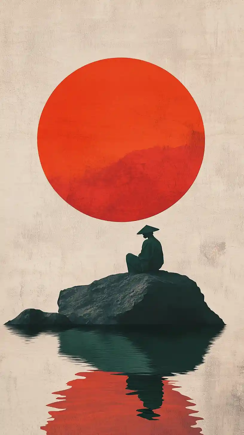 Figura solitaria sobre una roca bajo un vasto sol rojo