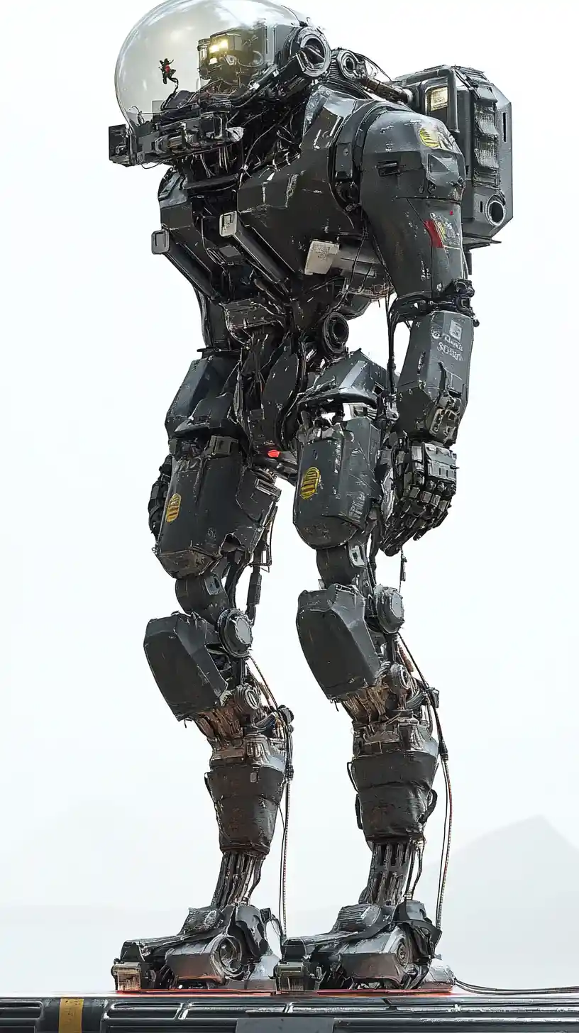 Futuristic mech exoskeleton on an industrial sci fi platform