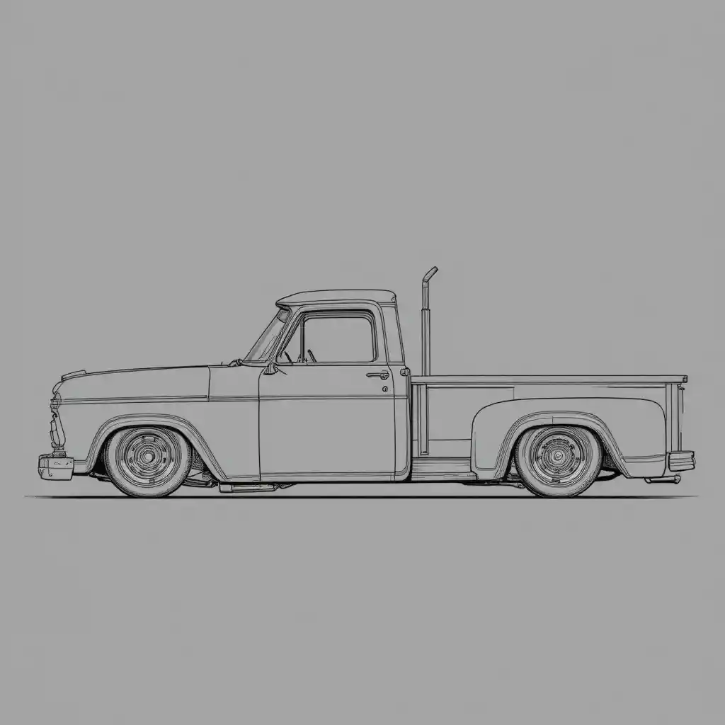 Dibujo en vista lateral de una camioneta Dodge flatbed personalizada y rebajada